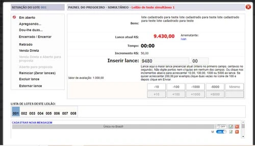 Painel de comando do leilão simultâneo